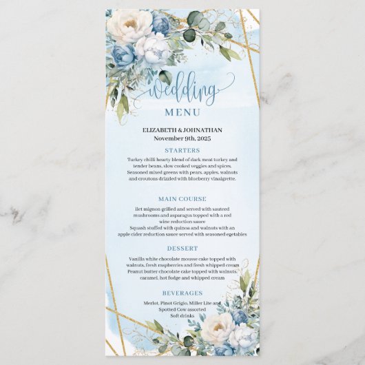 Classic Dusty Blue Floral Greenery Wedding Menu (Voorkant)