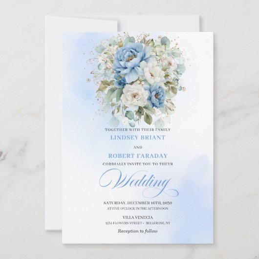 Classic Dusty Blue Floral Watercolor Wedding Invit Kaart (Voorkant)