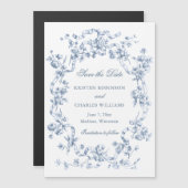 Classic Dusty Blue Flowers & Ribbons Save the Date Magnetische Uitnodiging (Voorkant / Achterkant)