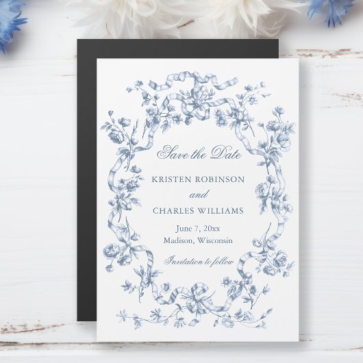Classic Dusty Blue Flowers & Ribbons Save the Date Magnetische Uitnodiging