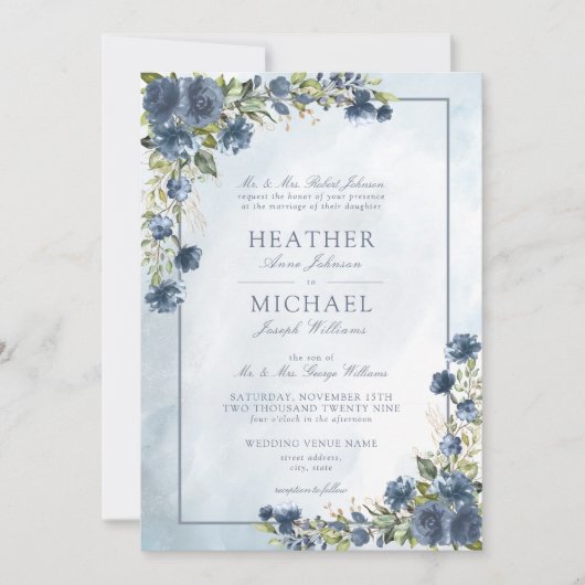 Classic Dusty Blue Gold Floral Waterverf Script Kaart (Voorkant)