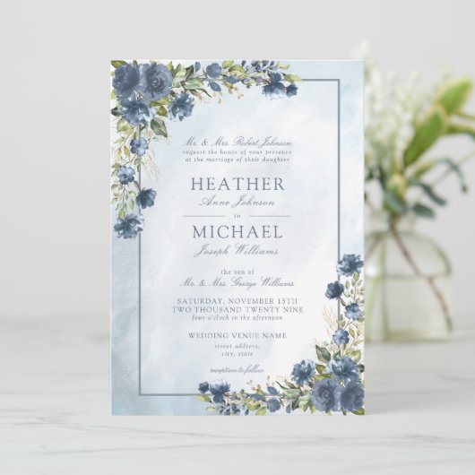 Classic Dusty Blue Gold Floral Waterverf Script Kaart (Staand voorkant)