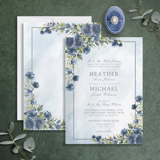 Classic Dusty Blue Gold Floral Waterverf Script Kaart