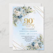 Classic Dusty Blue Gold Frame 90th Birthday Invite Kaart (Voorkant)