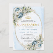 Classic Dusty Blue Gold Greenery Quinceañera Kaart (Voorkant)