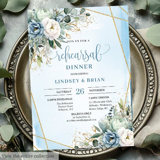 Classic Dusty Blue Greenery Gold Frame Rehearsal Kaart
