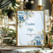 Classic Dusty Blue Greenery Gold Frame Wedding  Poster