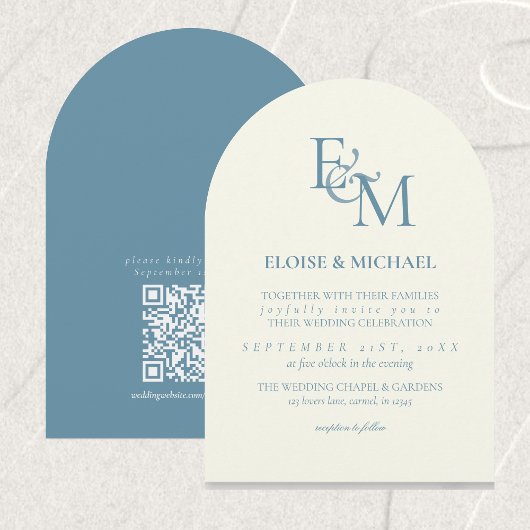 Classic Dusty Blue Monogram Minimalist Wedding Kaart
