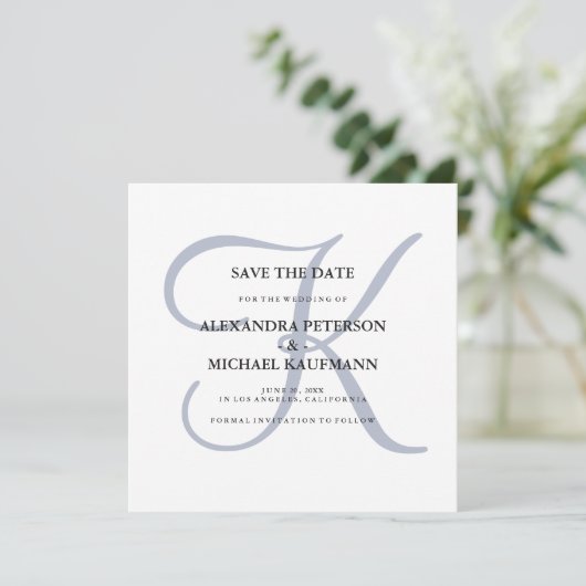 Classic Dusty Blue Monogram Save The Date (Staand voorkant)