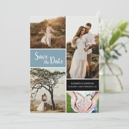 Classic Dusty Blue Photo Collage Wedding Save The Date (Staand voorkant)