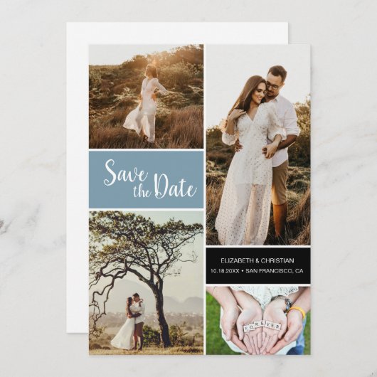 Classic Dusty Blue Photo Collage Wedding Save The Date (Voorkant / Achterkant)