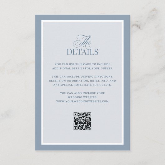 Classic Dusty Blue | QR Code Wedding Guest Details Informatiekaartje (Voorkant)