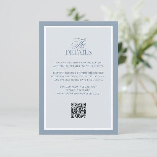 Classic Dusty Blue | QR Code Wedding Guest Details Informatiekaartje (Staand voorkant)