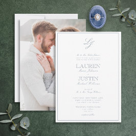 Classic Dusty Blue Script Monogram Foto Weddenscha Kaart