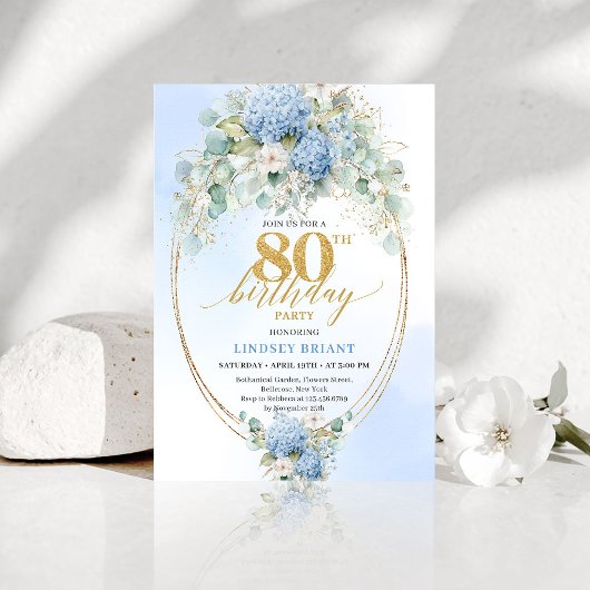 Classic Dusty Blue Watercolor 80th Birthday Invite Kaart