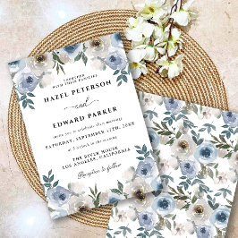 Classic Dusty Blue Waterverf Floral Wedding Kaart