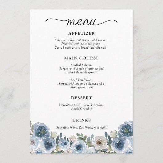Classic Dusty Blue Waterverf Floral Wedding Menu (Voorkant)