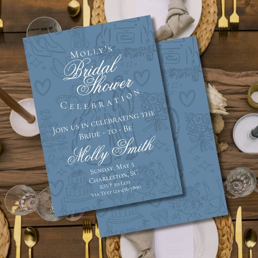 Classic Dusty Blue Wedding Sketch Vrijgezellenfees Kaart