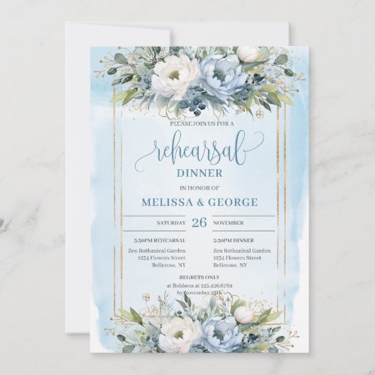 Classic Dusty Blue White Floral Rehearsal Invites Kaart (Voorkant)