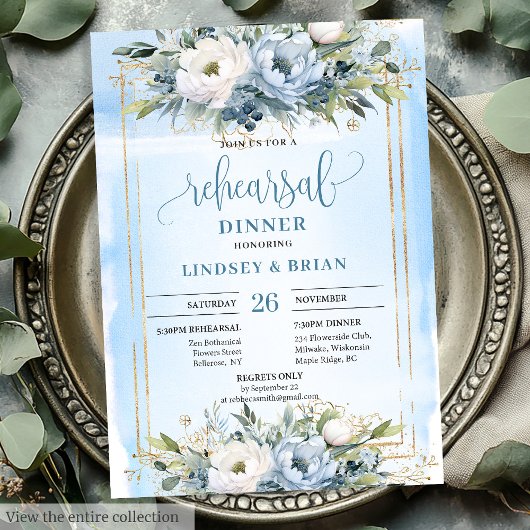 Classic Dusty Blue White Floral Rehearsal Invites Kaart