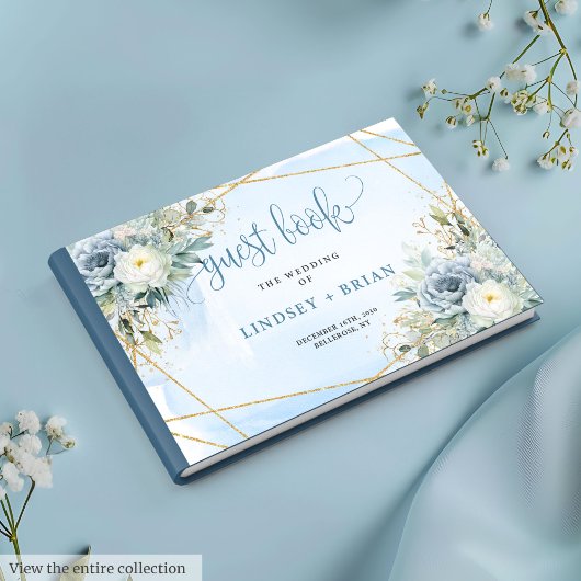 Classic Dusty Blue White Gold Flowers Guest Book Gastenboek