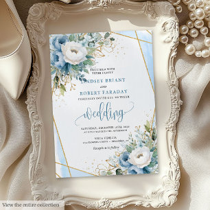 Classic Dusty Blue White Gold Flowers Uitnodiging