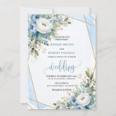 Classic Dusty Blue White Gold Flowers Uitnodiging (Voorkant)