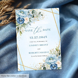 Classic Dusty Blue White Gold Peony Save The Date Kaart