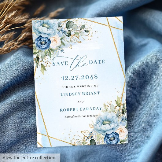 Classic Dusty Blue White Gold Peony Save The Date Kaart