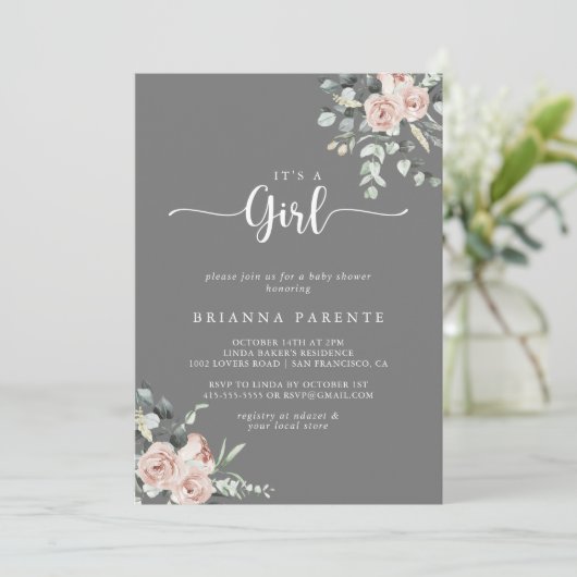 Classic Dusty Pink Rose Grey Het is een meisje Kaart (Staand voorkant)