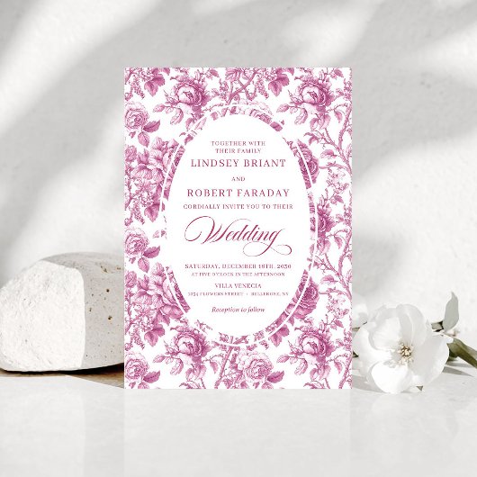 Classic Dusty Pink Toile Floral Wedding Invitation Kaart