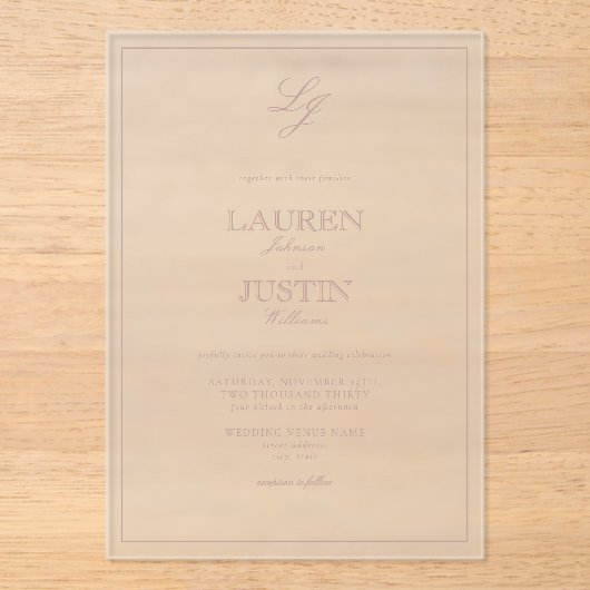 Classic Dusty Roos Calligraphy Monogram Weddenscha Acryl Uitnodigingen (Voorkant)