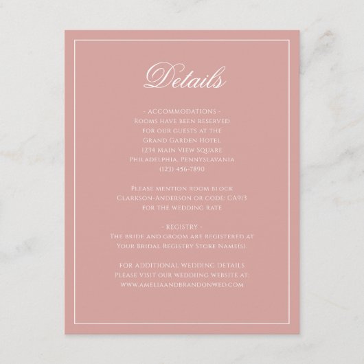 Classic Dusty Rose Border Script Wedding Details Informatiekaartje (Voorkant)