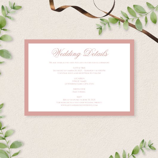 Classic Dusty Rose Border Script Wedding Details Informatiekaartje