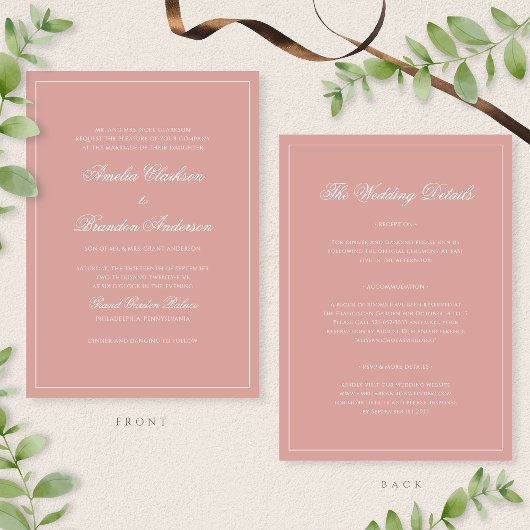 Classic Dusty Rose Border Script Wedding Details & Kaart