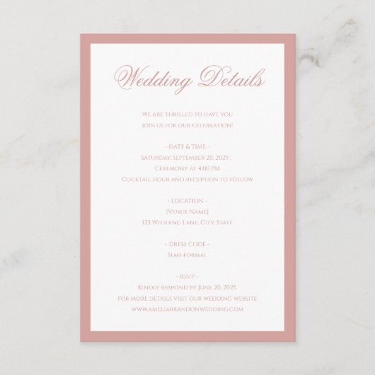 Classic Dusty Rose Monogram Script Wedding Details Informatiekaartje (Voorkant)
