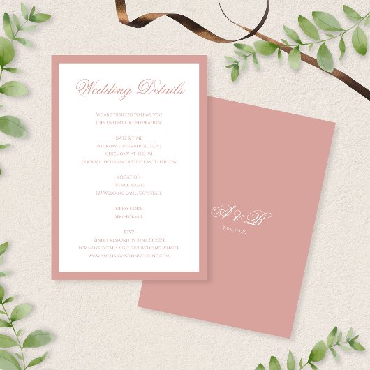 Classic Dusty Rose Monogram Script Wedding Details Informatiekaartje