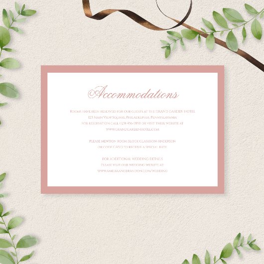 Classic Dusty Rose Script Wedding Accommodations Informatiekaartje
