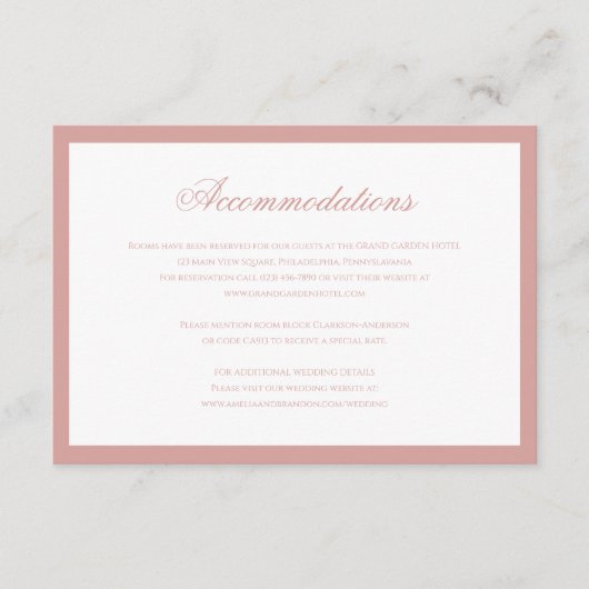 Classic Dusty Rose Script Wedding Accommodations Informatiekaartje (Voorkant)