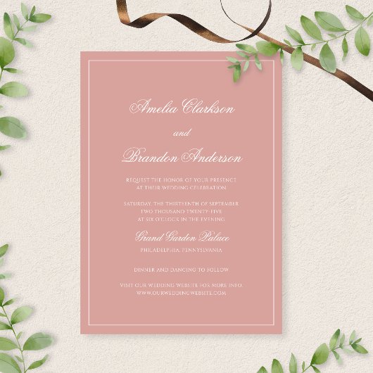 Classic Dusty Rose & White Border Script Wedding Kaart
