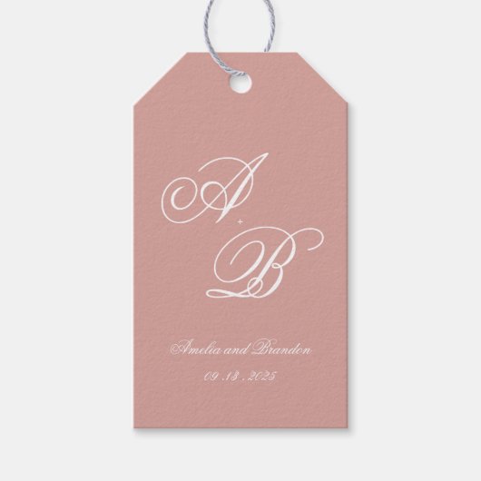 Classic Dusty Rose & White Monogram Script Wedding Cadeaulabel (Voorkant)