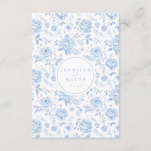 Classic Eenvoudig Blauw Porselein Bruiloft Details Informatiekaartje (Achterkant)