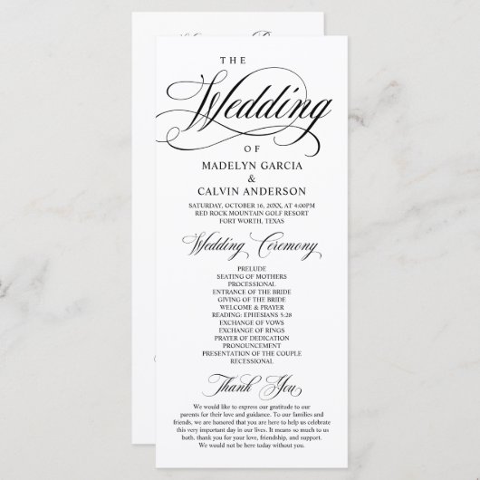 Classic Elegance Black Script, Wedding Ceremonie P Programmakaart (Voorkant / Achterkant)