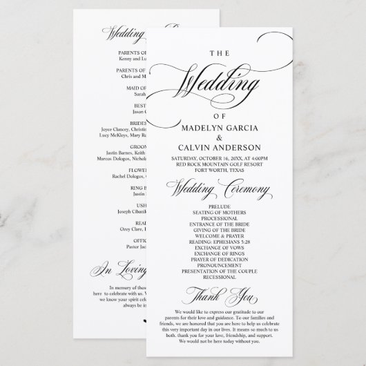 Classic Elegance Black Script, Wedding Ceremony P Programmakaart (Voorkant / Achterkant)