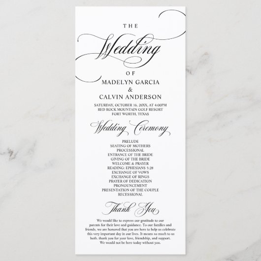 Classic Elegance Black Script, Wedding Ceremony P Programmakaart (Voorkant)