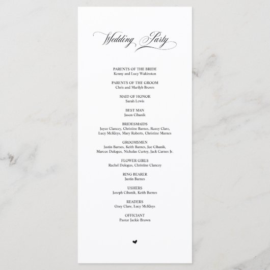Classic Elegance Black Script, Wedding Ceremony Programmakaart (Achterkant)