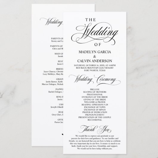 Classic Elegance Black Script, Wedding Ceremony Programmakaart (Voorkant / Achterkant)