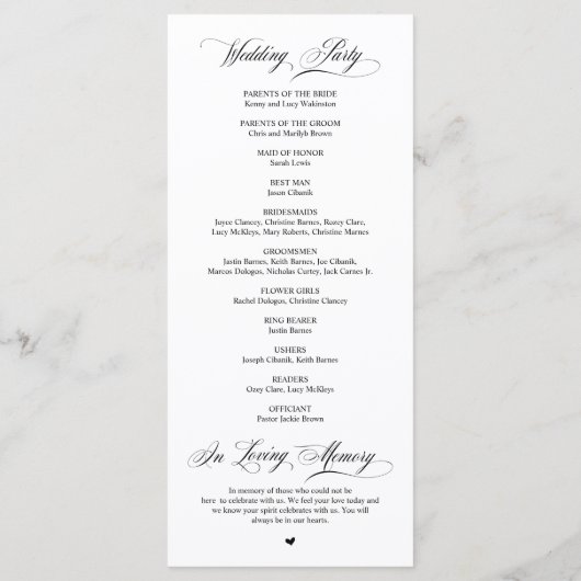 Classic Elegance Black Script, Wedding Ceremony Programmakaart (Achterkant)