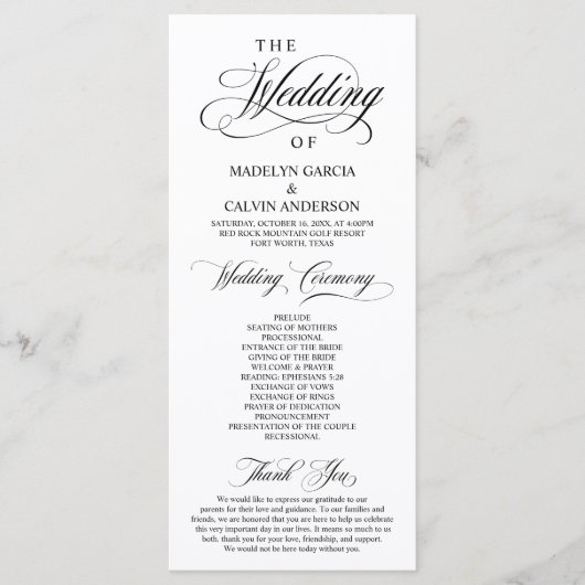 Classic Elegance Black Script, Wedding Ceremony Programmakaart (Voorkant)