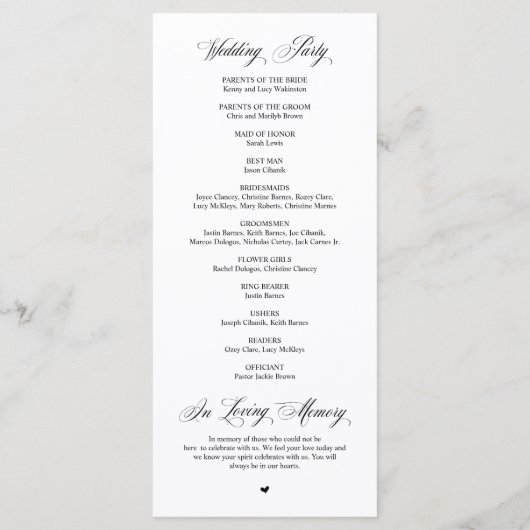 Classic Elegance Black Script, Wedding Ceremony Programmakaart (Achterkant)